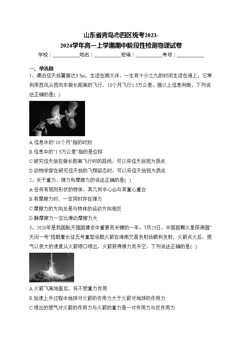 山东省青岛市四区统考2023-2024学年高一上学期期中阶段性检测物理试卷(含答案)第1页