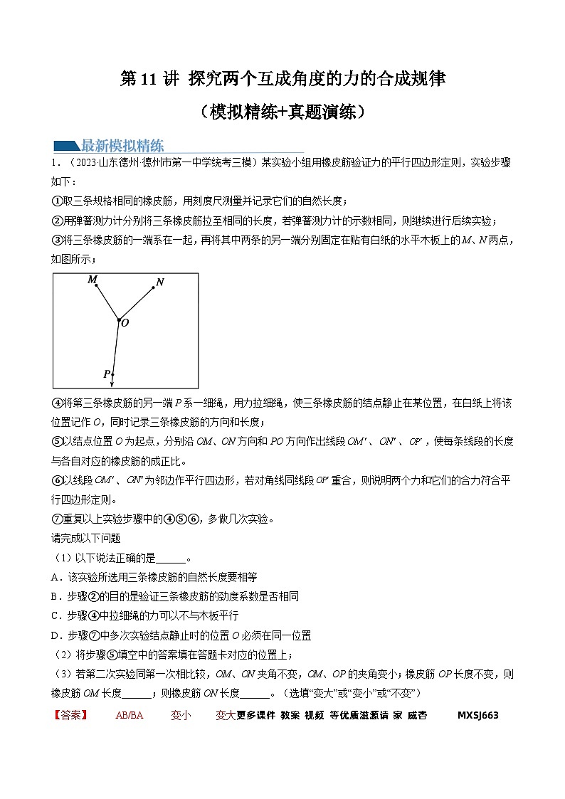 第11讲 探究两个互成角度的力的合成规律（练习）（解析版）—高中物理01