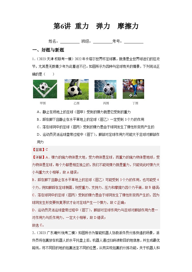 第6讲  重力  弹力  摩擦力（练习）（解析版）——备战2024年高考物理一轮复习全面攻略—高中物理第1页