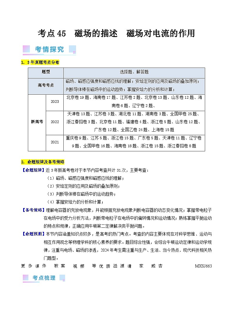 考点45  磁场的描述  磁场对电流的作用（核心考点精讲+分层精练）解析版—高中物理01