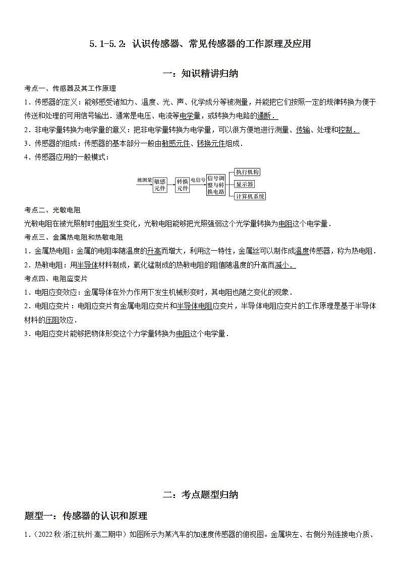 5.1-5.2 认识传感器、常见传感器的工作原理及应用-2023-2024学年高二物理高分突破专题训练（人教版选择性必修第二册）01