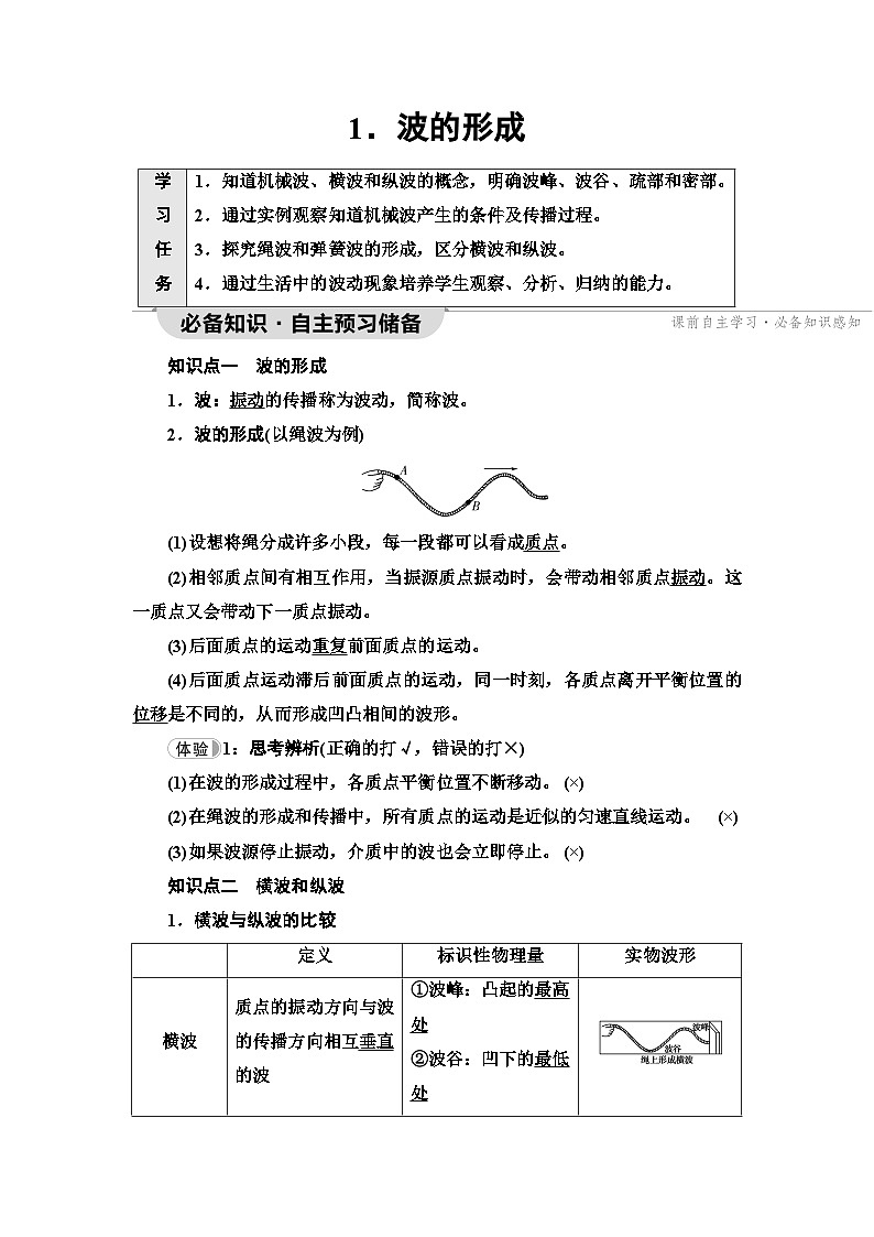 人教版江苏专用高中物理选择性必修第一册第3章1波的形成学案01