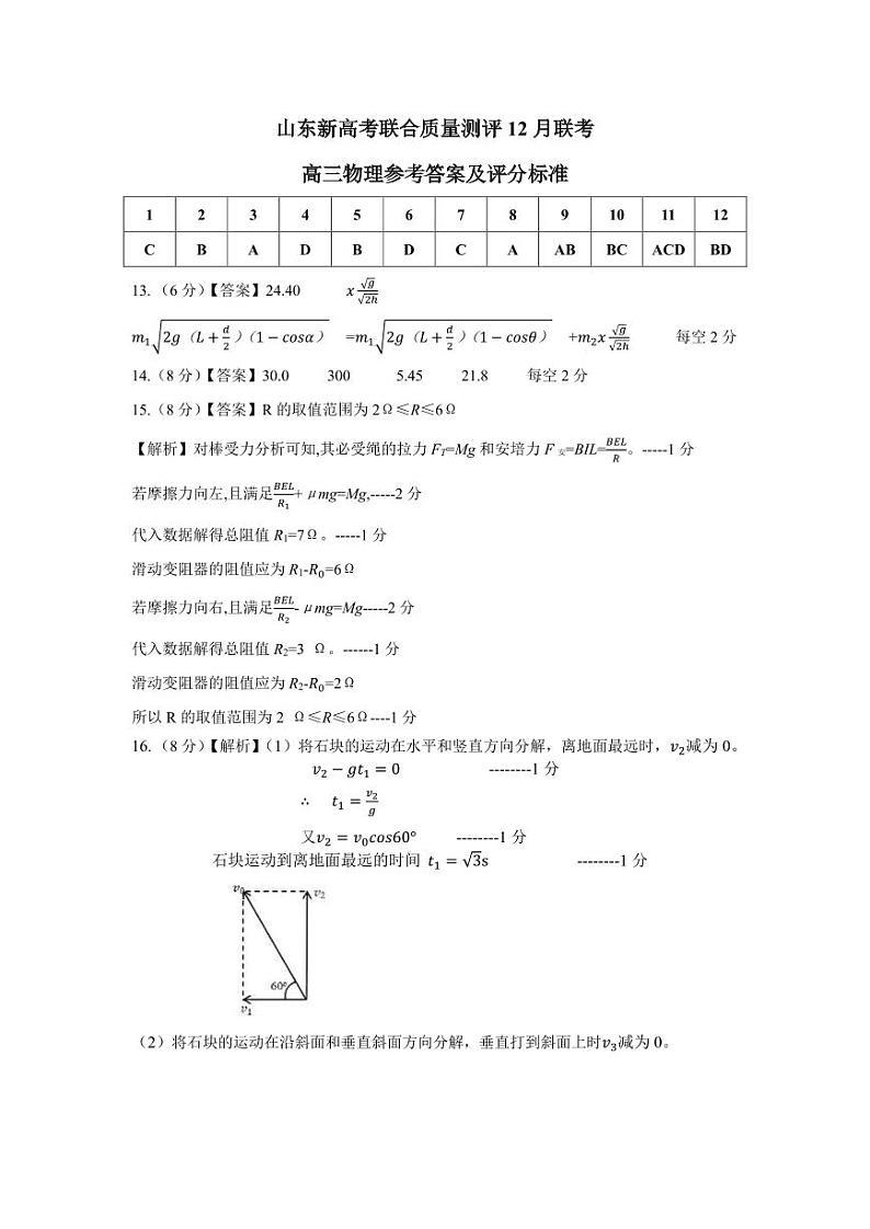 山东2024届高三新高考联合质量测评12月联考 物理试题及答案01