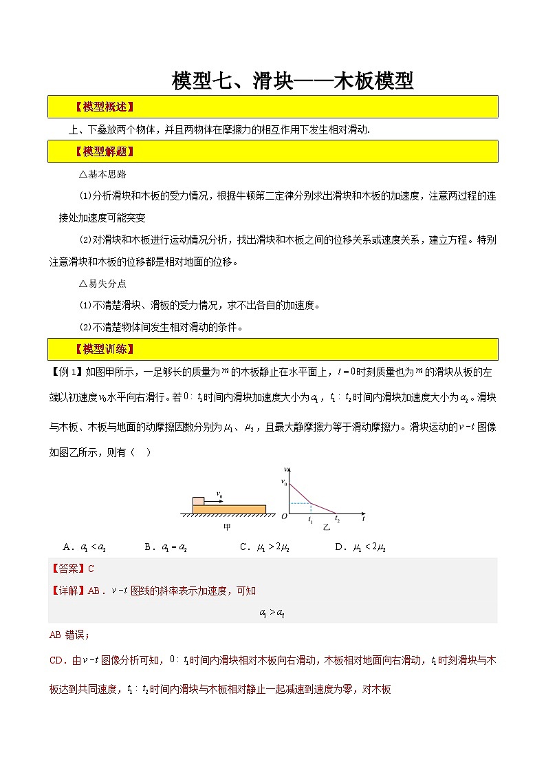 模型07、滑块——木板模型 【巧解题】2024高考物理模型全归纳01