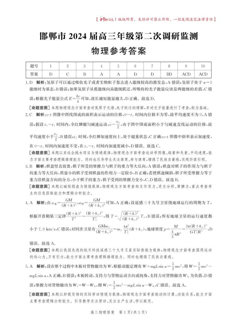 2024邯郸高三上学期第二次调研监测试题物理PDF版含解析01