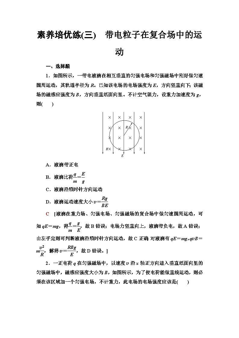 人教版江苏专用高中物理选择性必修第二册素养培优练3带电粒子在复合场中的运动含答案第1页