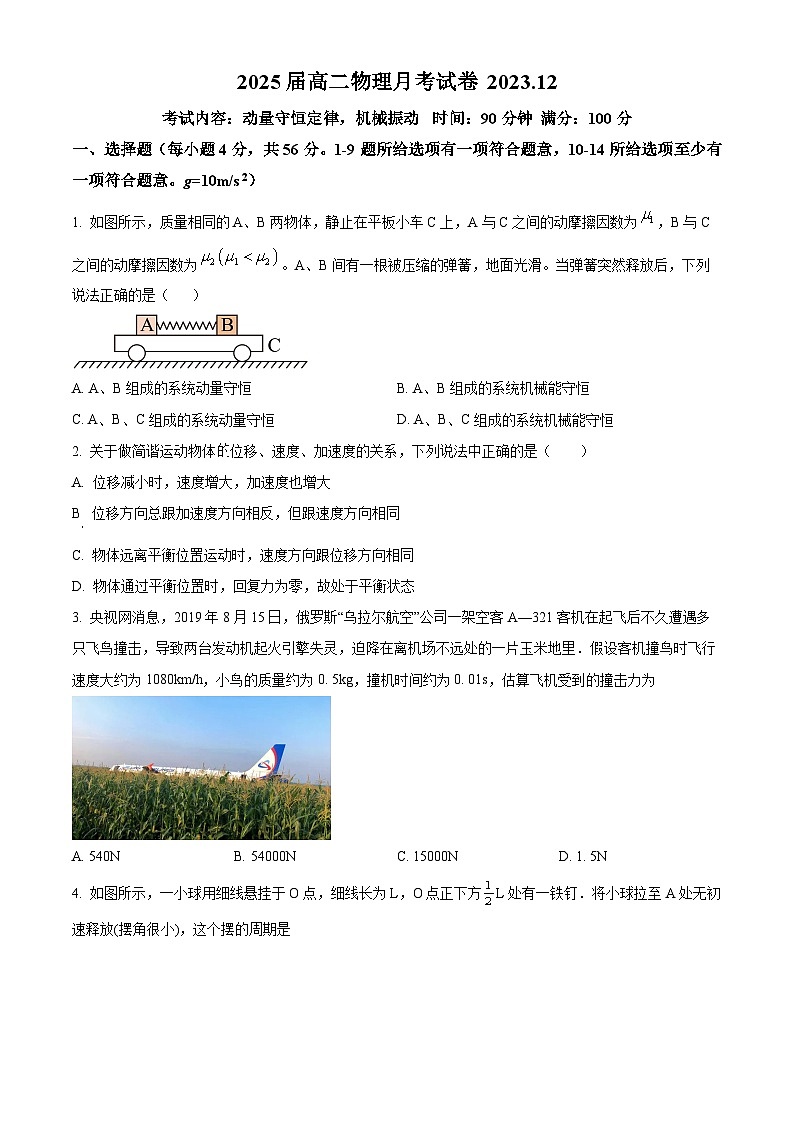 2024维石河子一中高二上学期12月月考试题物理含解析01