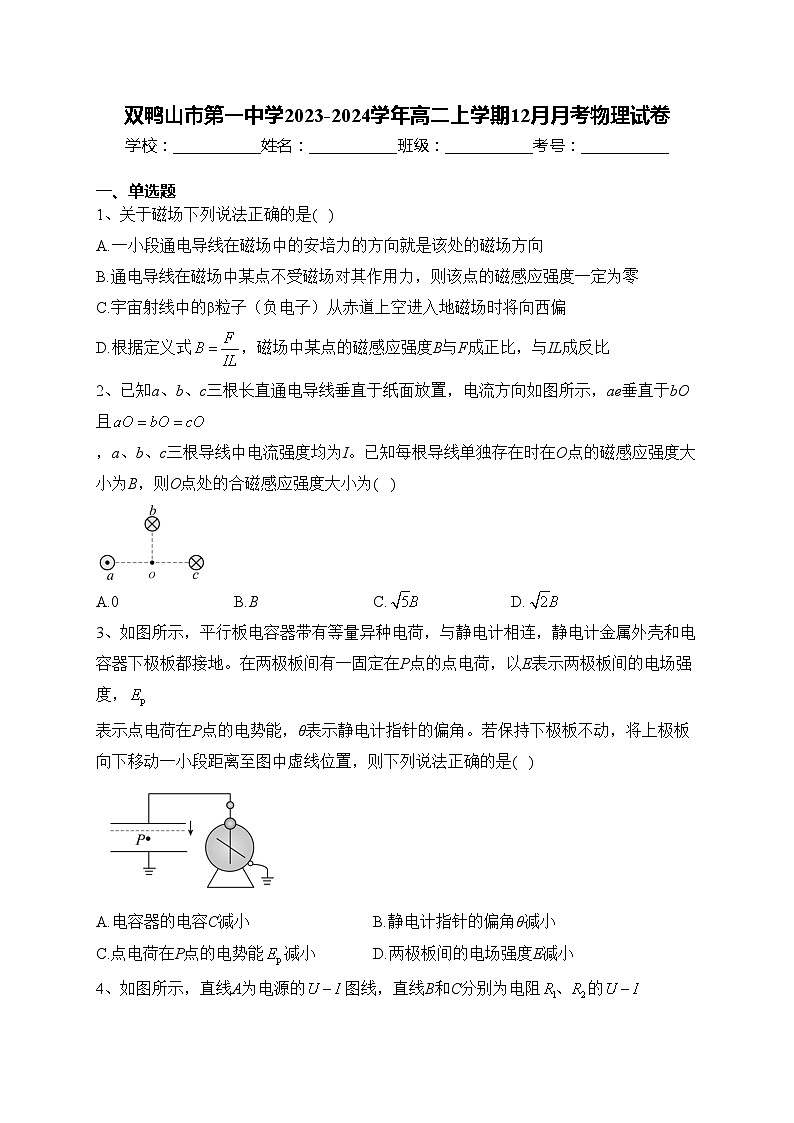 双鸭山市第一中学2023-2024学年高二上学期12月月考物理试卷(含答案)01