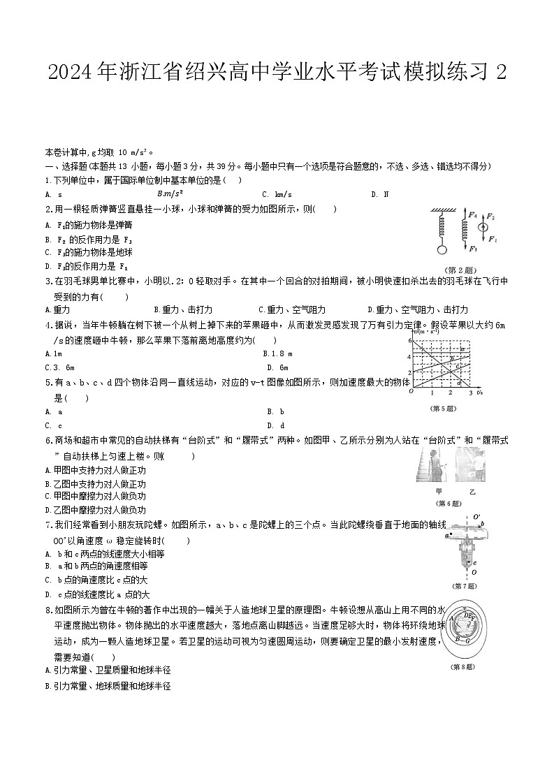 2024年浙江省绍兴市高中学业水平考试模拟（2）物理试题01
