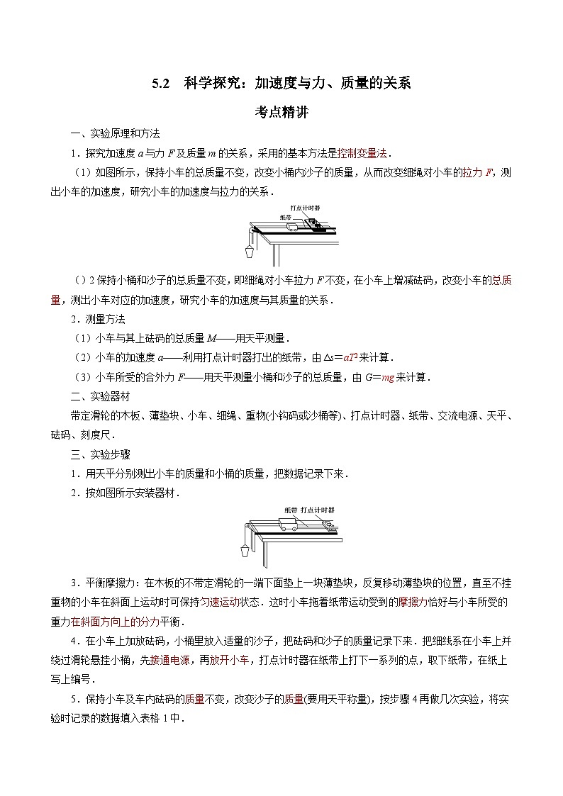 【同步练习】5.2  科学探究：加速度与力、质量的关系-2024-2025学年高一物理精讲精练（鲁科版必修第一册）01