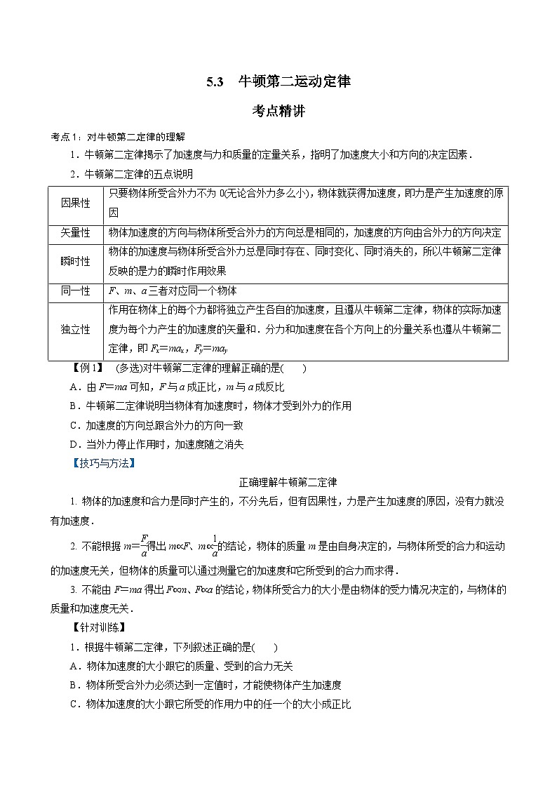 【同步练习】5.3  牛顿第二运动定律-2024-2025学年高一物理精讲精练（鲁科版必修第一册）01