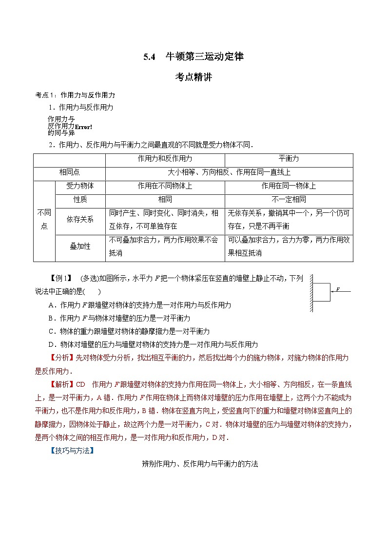 【同步练习】5.4  牛顿第三运动定律-2024-2025学年高一物理精讲精练（鲁科版必修第一册）01