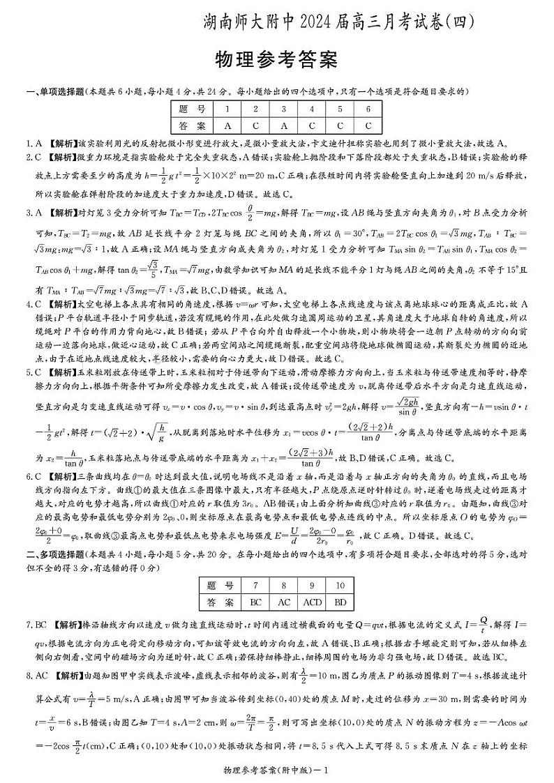 湖南师范大学附属中学2023-2024学年高三上学期月考卷（四）物理参考答案(1)第1页
