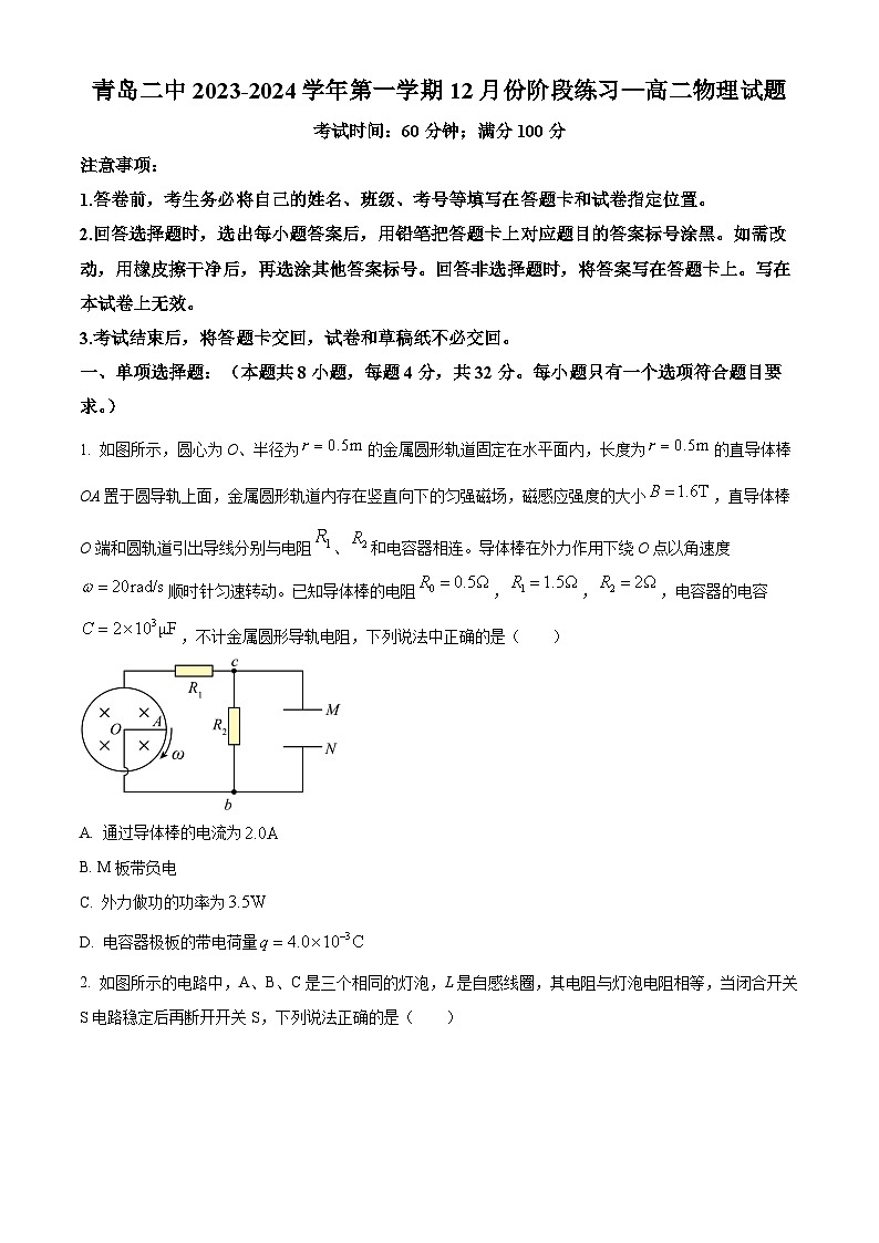 2024青岛二中高二上学期12月月考试题物理含解析01