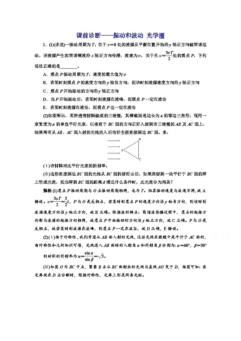 高三物理二轮复习（通用版）对应练习——振动和波动 光学 word版含解析第1页