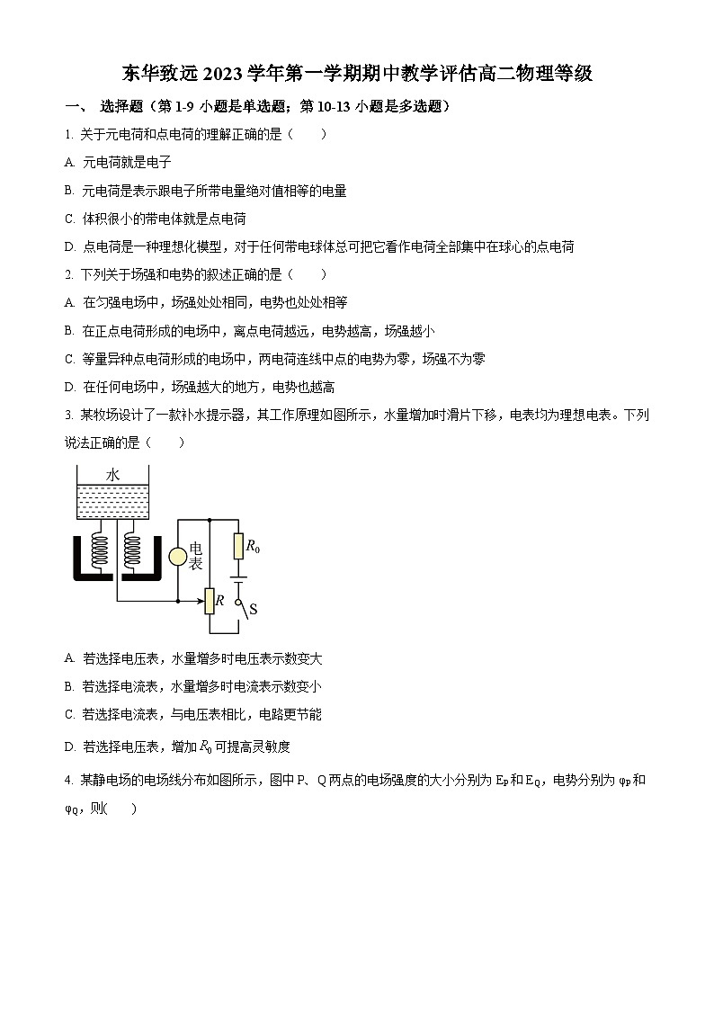 2024上海市东华大学附属奉贤致远中学高二上学期期中考试物理含解析01