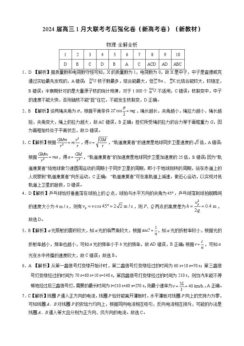 2024届高三1月大联考考后强化卷（新课标II卷）物理试卷01