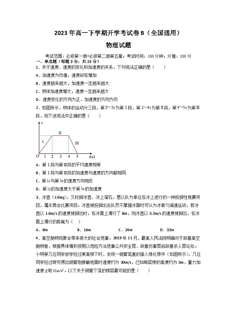 2023年高一下学期物理开学考试卷B（全国通用）（原卷版）第1页