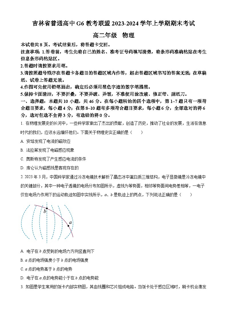 2024普通高中G6教考联盟高二上学期期末考试物理含解析第1页