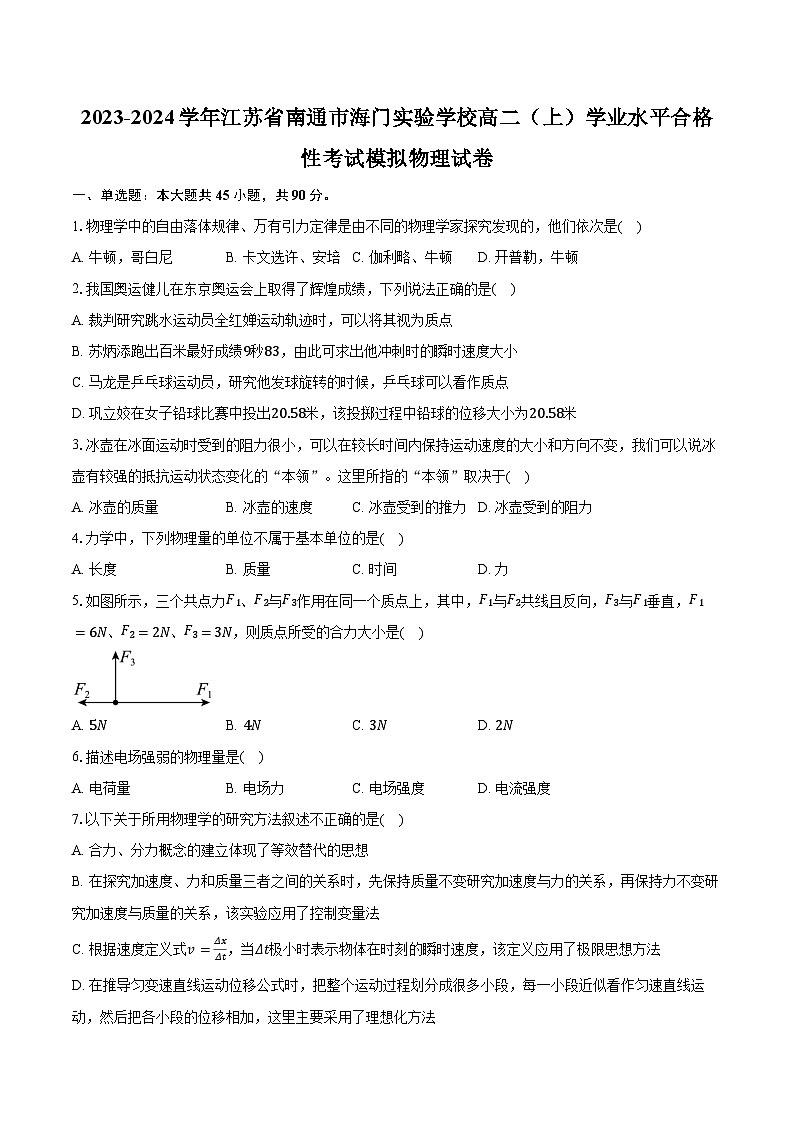 2023-2024学年江苏省南通市海门实验学校高二（上）学业水平合格性考试模拟物理试卷（含解析）第1页
