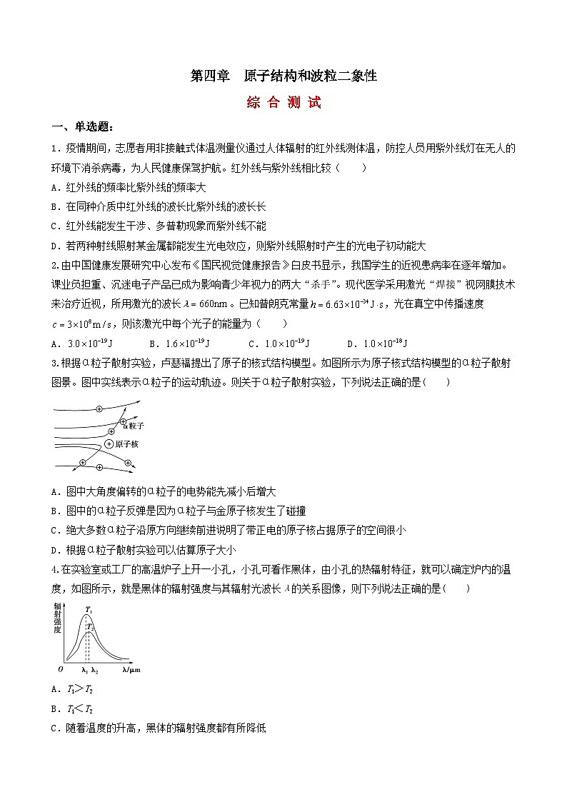第四章 原子结构和波粒二象性（综合复习与测试）（原卷版）-人教版高中物理选修三第1页