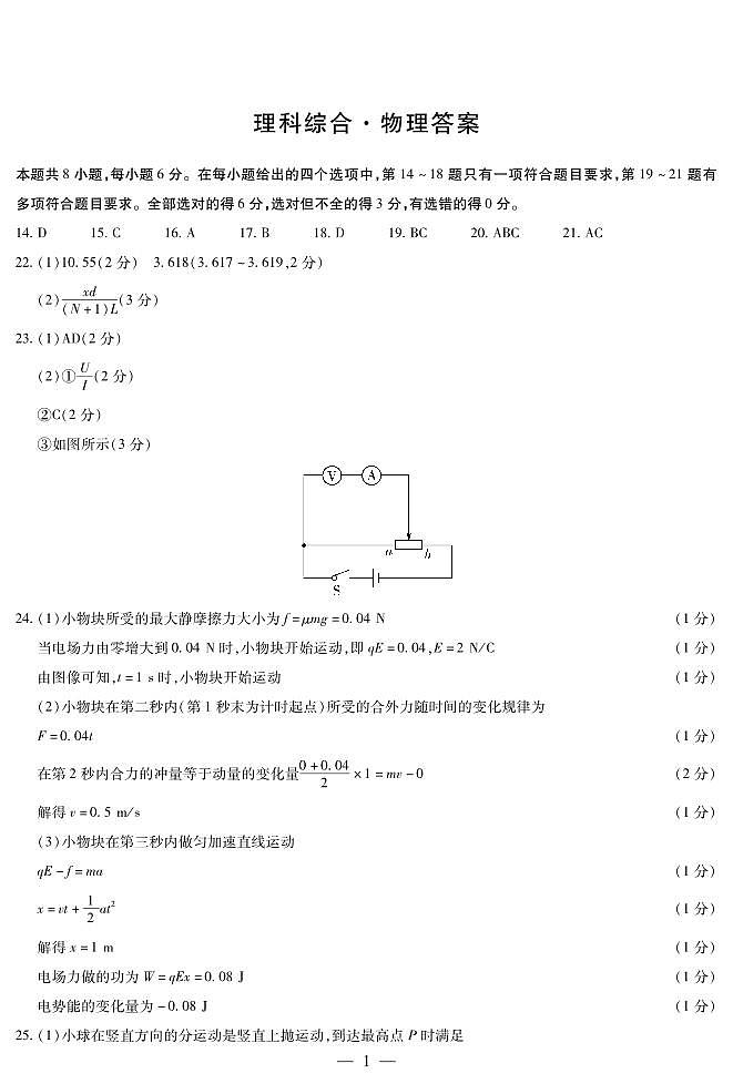 天一大联考顶尖联盟2024届高三阶段性测试（二）理综物理简易答案第1页