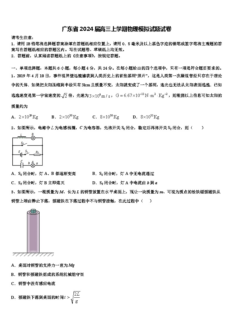 广东省2024届高三上学期物理模拟试题试卷第1页