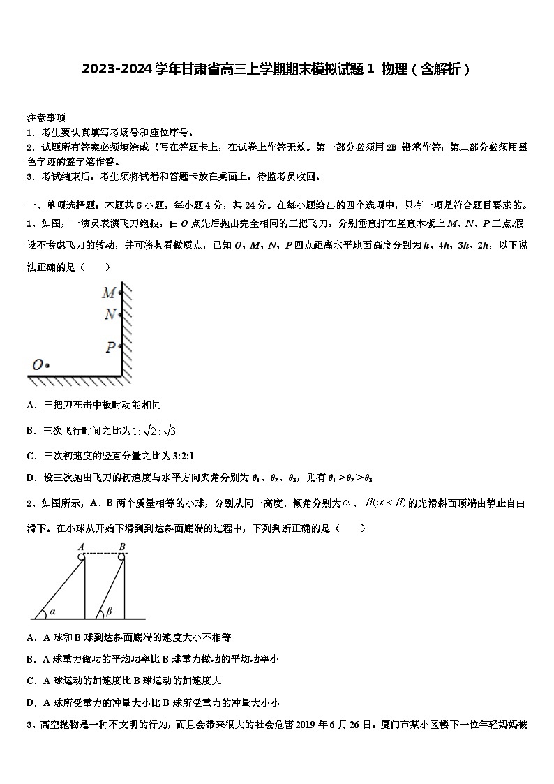 2023-2024学年甘肃省高三上学期期末模拟试题1 物理（含解析）第1页
