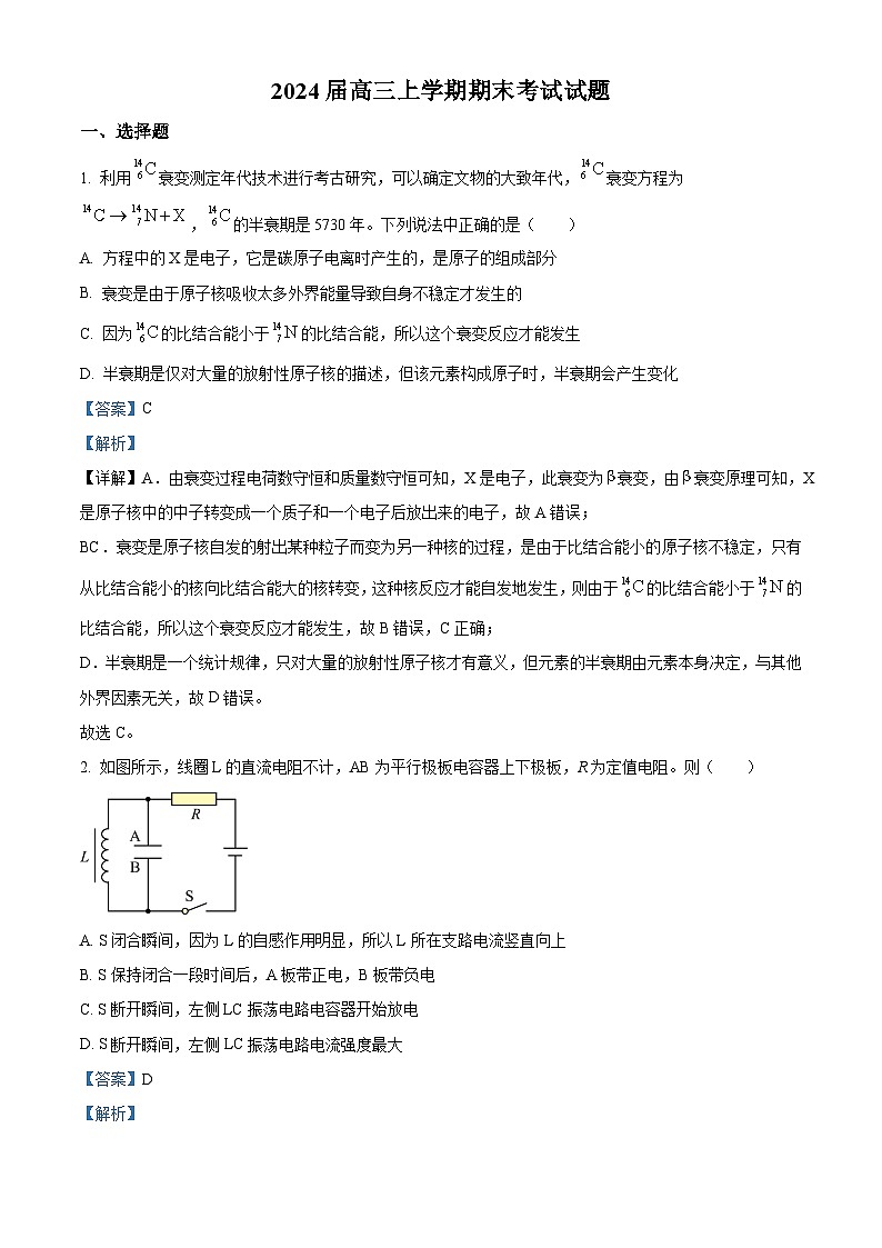 2024武汉江岸区高三上学期元月调考试题物理含解析01