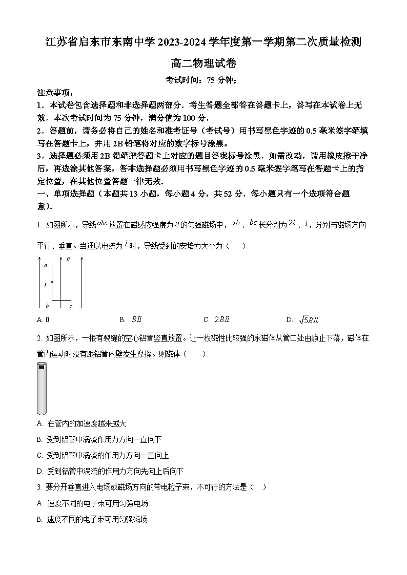 江苏省启东市东南中学2023-2024学年高二上学期第二次质量检测物理试题（Word版附解析）01