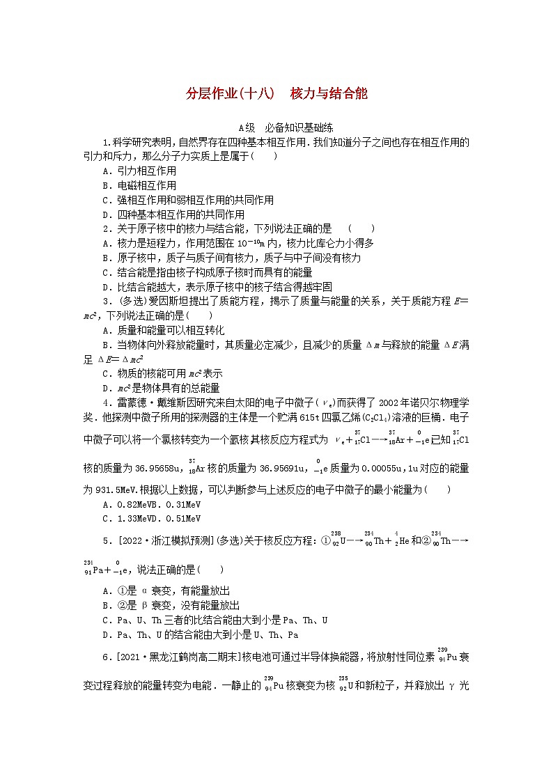 新教材2023版高中物理分层作业十八核力与结合能新人教版选择性必修第三册第1页