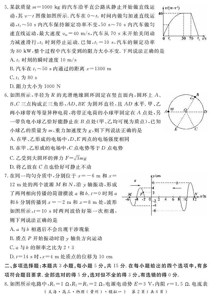 2024届湖北省黄冈八模高三模拟考试（一）物理第2页