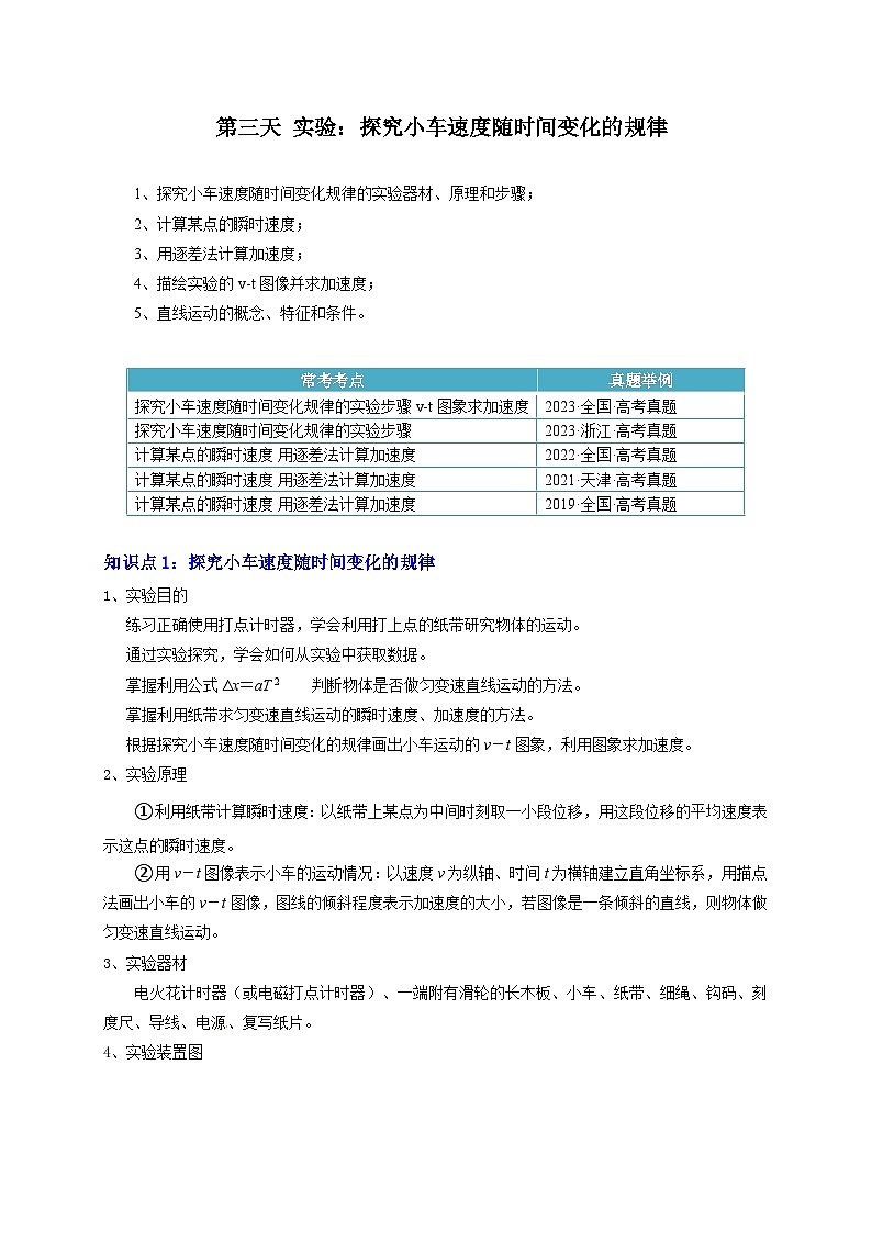 【寒假作业】人教版2019 高中物理 高一寒假巩固 第三天+实验：探究小车速度随时间变化的规律-练习01