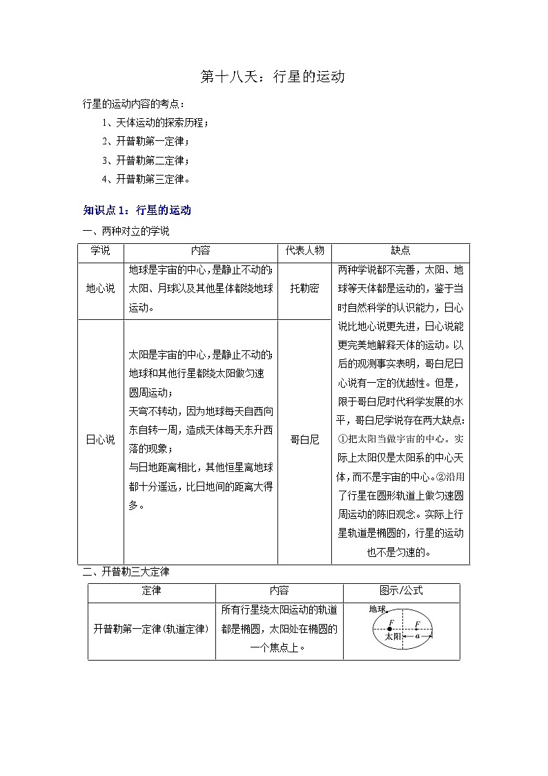 【寒假作业】人教版2019 高中物理 高一寒假提升训练第十八天：行星的运动-练习01