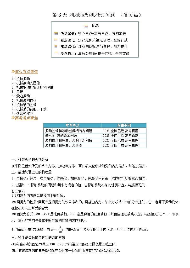 【寒假作业】人教版2019 高中物理 高二寒假巩固提升训练 第6天 机械振动机械波问题-练习.zip01