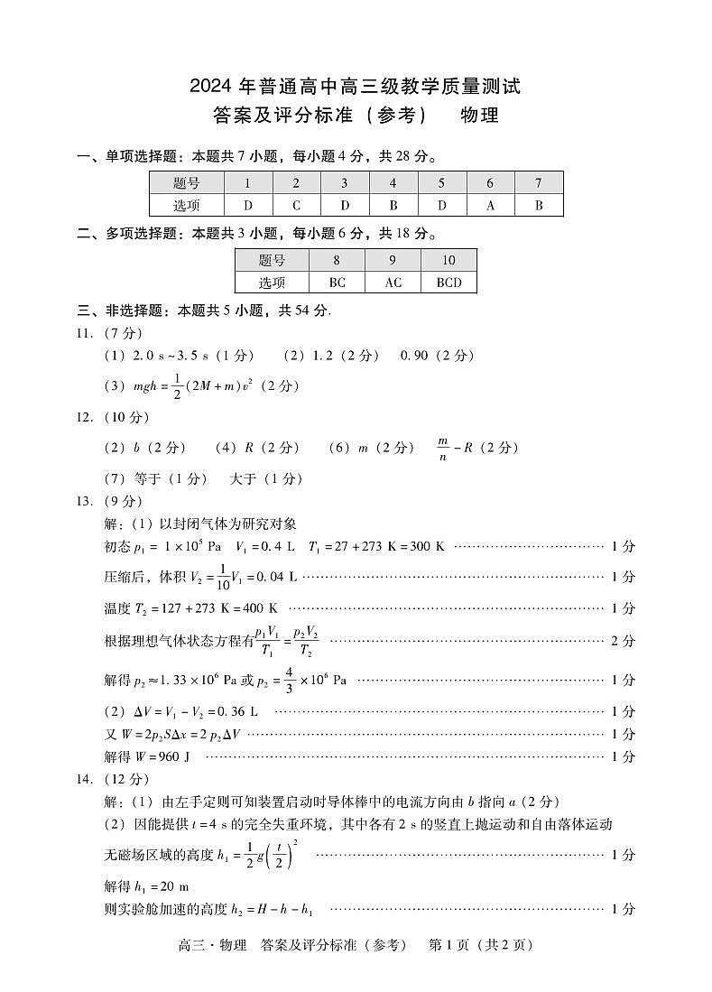2024汕尾高三上学期1月期末考试物理含答案01