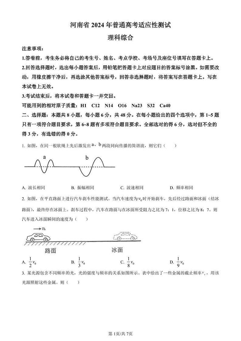 物理（九省联考●河南卷）丨2024年1月普通高等学校招生全国统一考试适应性测试物理试卷及答案第1页