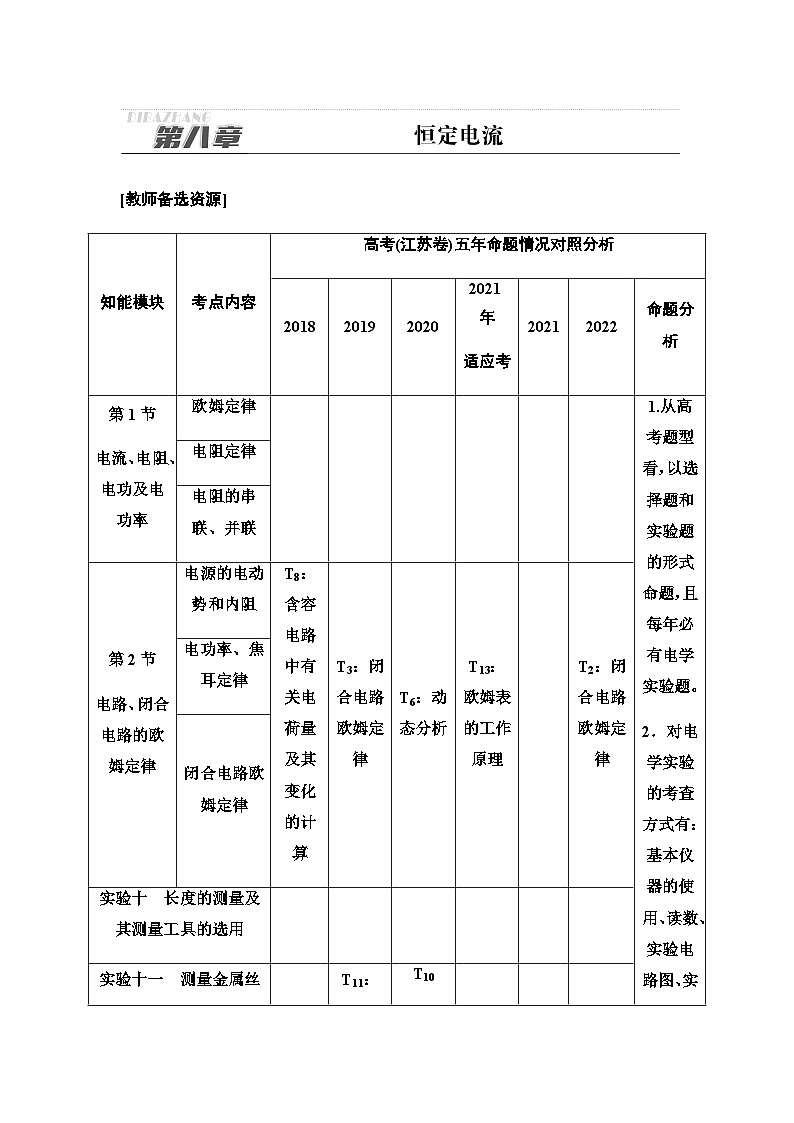 江苏版高考物理一轮复习第8章第1节电流、电阻、电功及电功率课时学案第1页