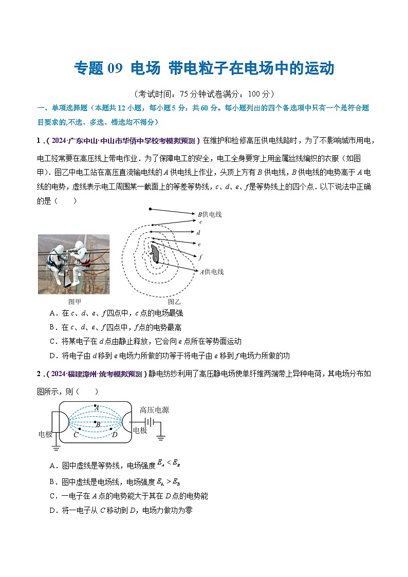 专题09 电场 带电粒子在电场中的运动（测试）（原卷版）第1页