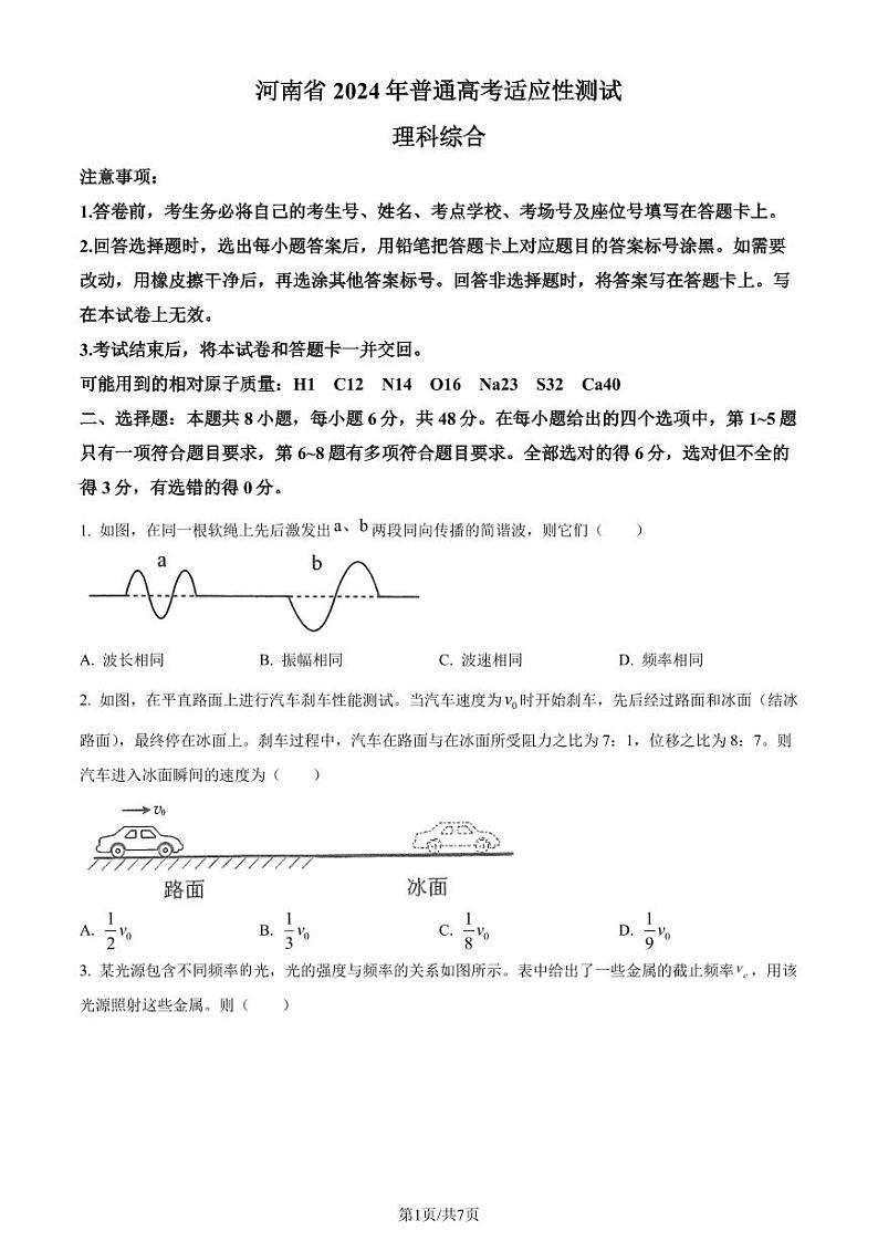 2024年1月河南省普通高等学校招生考试适应性测试物理试题（原卷版）第1页