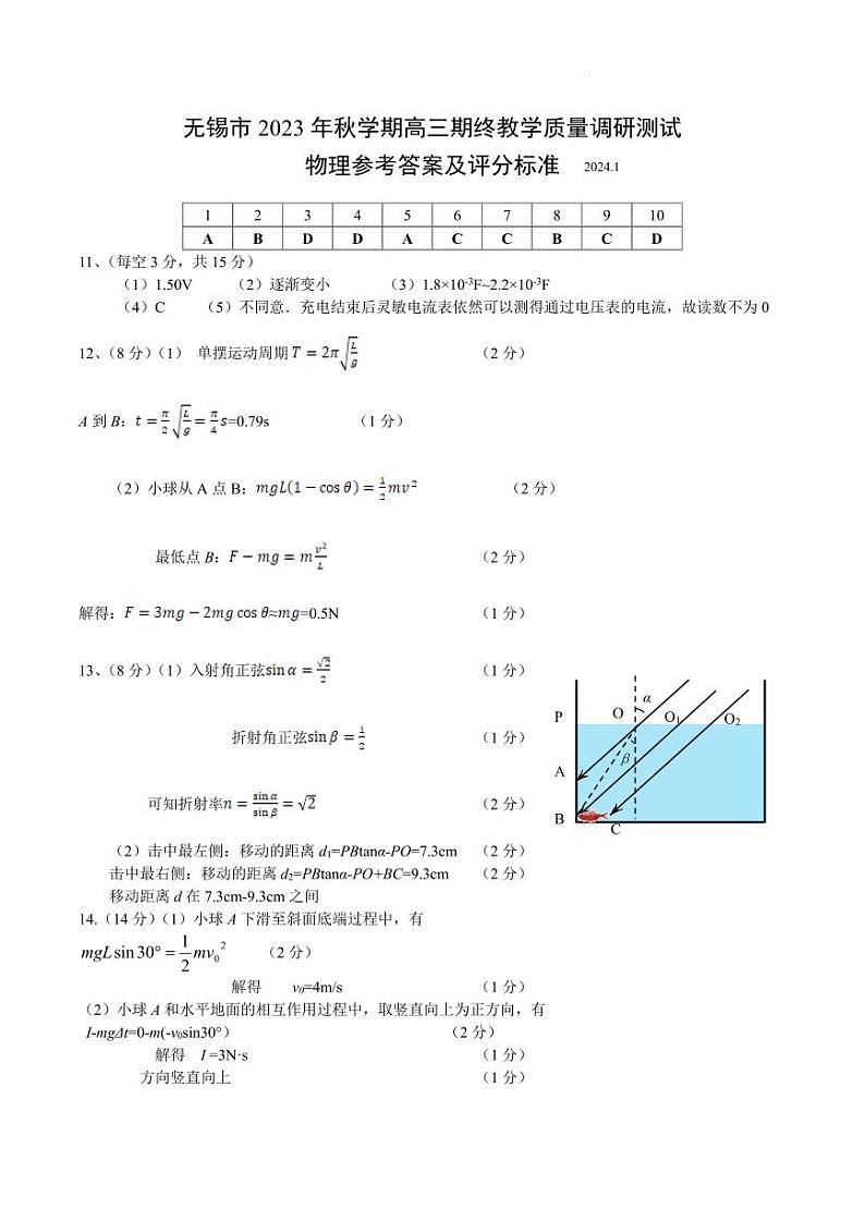 2023无锡市高三物理期终卷参考答案第1页