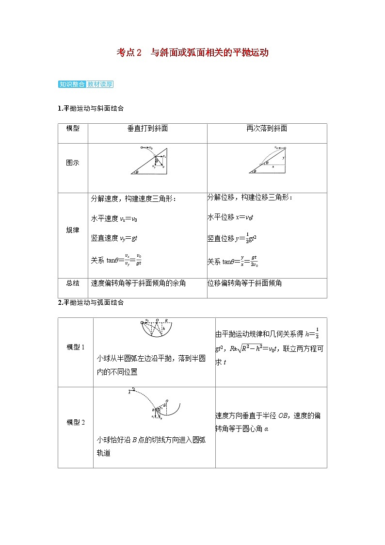 备考2024届高考物理一轮复习讲义第四章曲线运动第2讲抛体运动考点2与斜面或弧面相关的平抛运动第1页