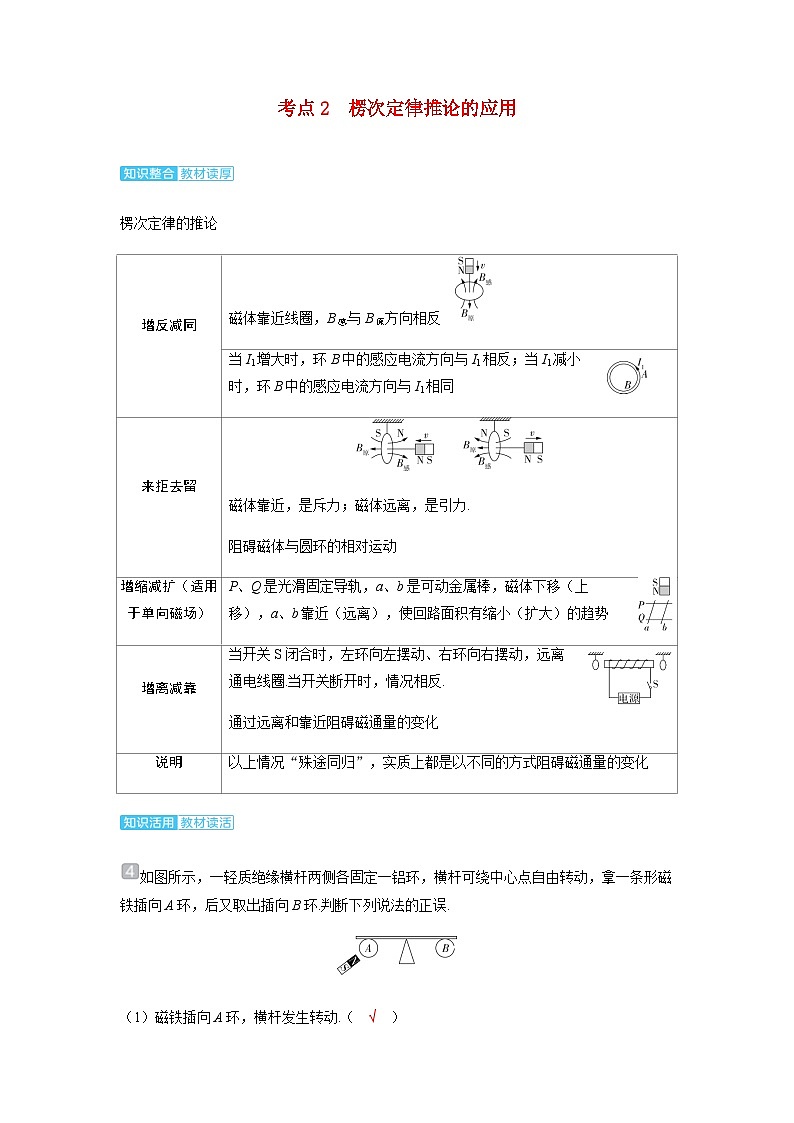 备考2024届高考物理一轮复习讲义第十二章电磁感应第1讲电磁感应现象楞次定律考点2楞次定律推论的应用01