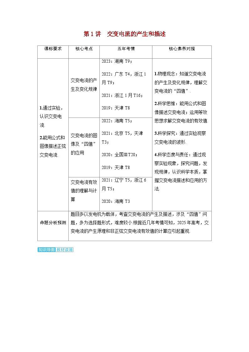 备考2024届高考物理一轮复习讲义第十三章交变电流电磁振荡与电磁波传感器第1讲交变电流的产生和描述考点1交变电流的产生及变化规律01
