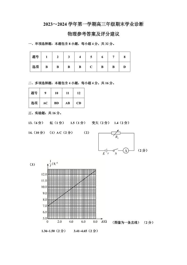 山西省太原市2023-2024学年高三上学期期末学业诊断物理试题01