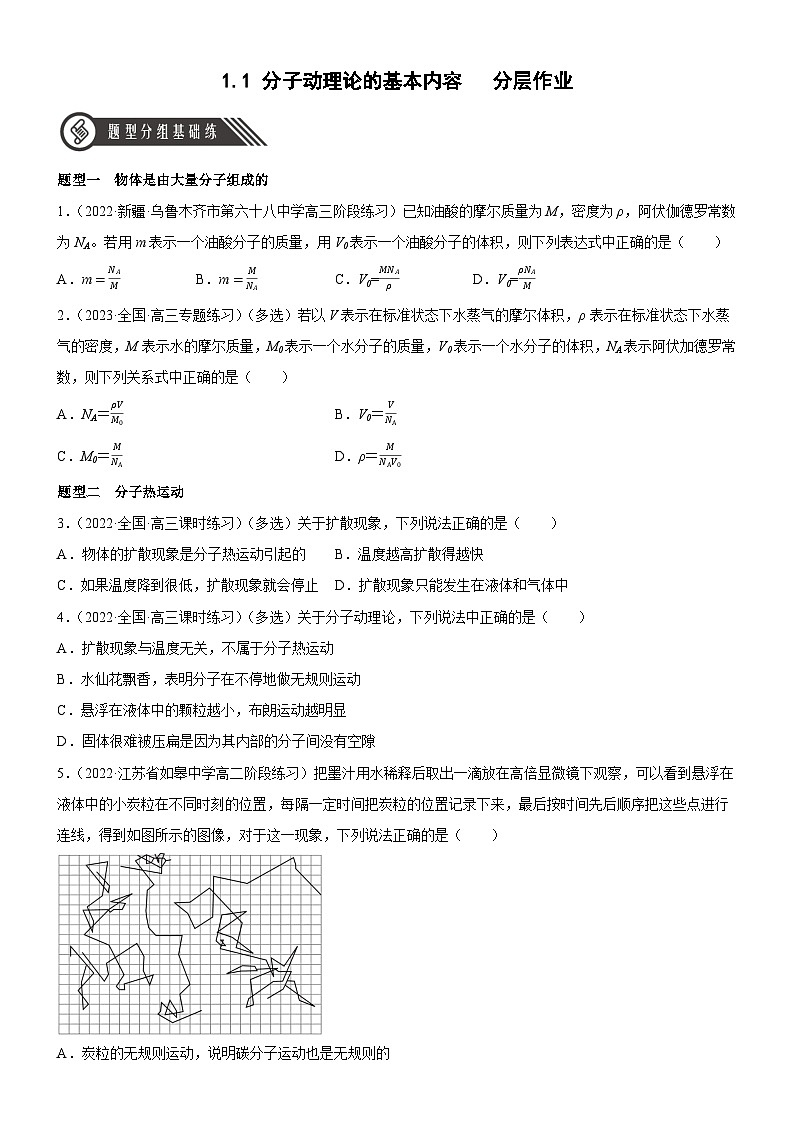 （人教版2019选择性必修第三册）高中物理同步分层作业 1.1 分子动理论的基本内容（原卷版+解析）01