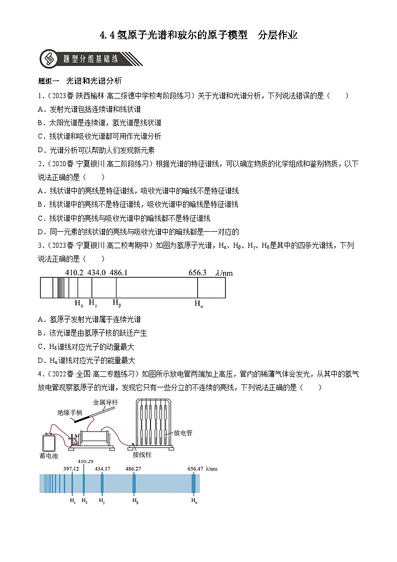 （人教版2019选择性必修第三册）高中物理同步分层作业 4.4氢原子光谱和玻尔的原子模型（原卷版+解析）01