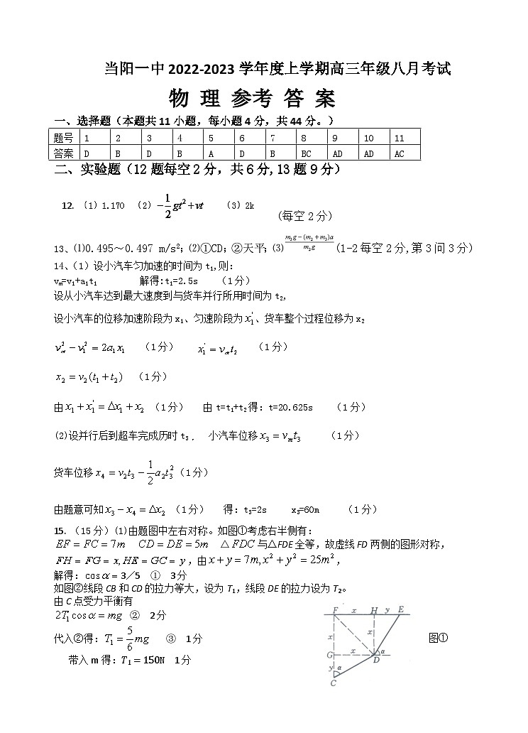 湖北省当阳市第一高级中学2022-2023学年高三8月考试物理试题答案第1页