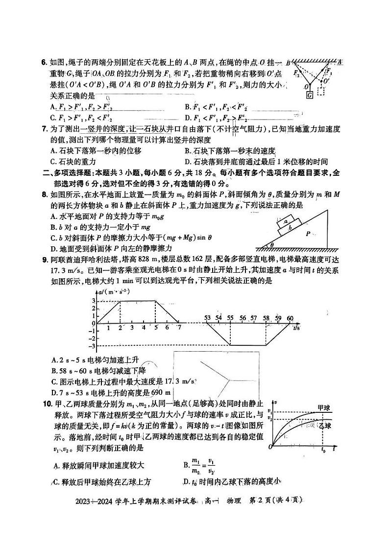 河南省郑州市新郑市2023-2024学年高一上学期期末测评物理试题02