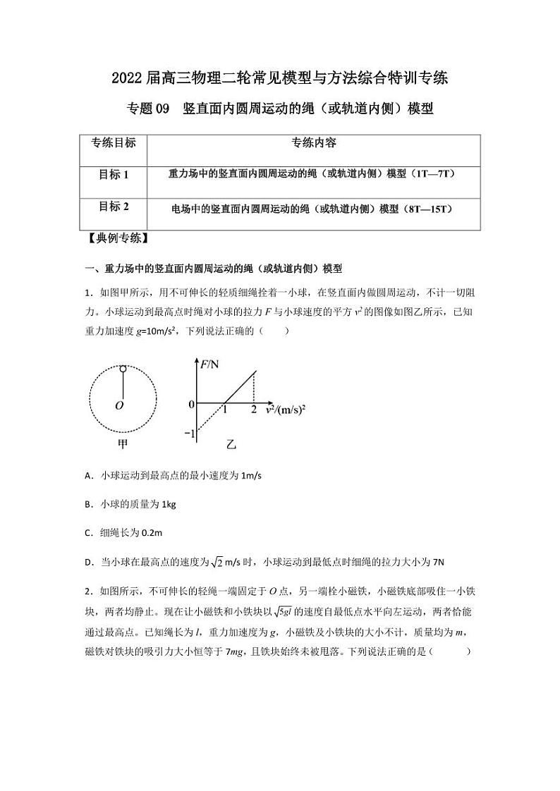 2022 届高三物理二轮常见模型与方法综合特训专练专题09 竖直面内圆周运动的绳（或轨道内侧）模型（原卷版）第1页